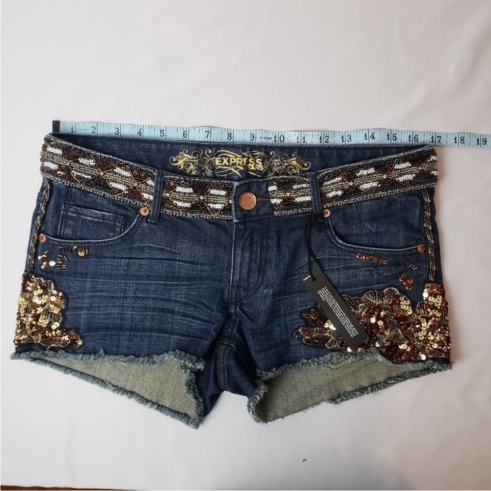 NWT Express gorgeous bronze gold and white sequined and beaded blue jeans - Picture 8 of 16